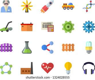 Color flat icon set energy saving lamp flat vector, calculator, heating batteries, fence, lawn mower, windmill, chemistry, accumulator, manufactory, cogwheel, rocket, molecule, scientist, dna, share