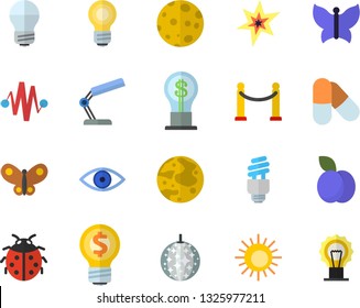 Color flat icon set energy saving lamp flat vector, plum, ladybird, butterflies, idea, eye, reading, moon, bulb, fector, spark, electric discharge, pills, VIP area, sun, disco ball