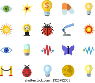 Color flat icon set energy saving lamp flat vector, ladybird, butterflies, idea, eye, reading, moon, bulb, spark, electric discharge fector, pills, VIP area, sun