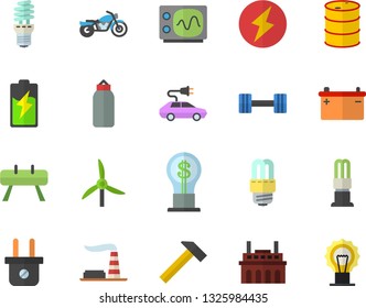 Color flat icon set energy saving lamp flat vector, hammer, battery, windmill, factory, oil tanks, accumulator, plug socket, plant, electric cars, idea, oscilloscope, lightning, dumbbell, pear