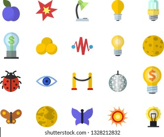 Color flat icon set energy saving lamp flat vector, plum, ladybird, butterflies, idea, eye, reading, moon, bulb, spark, electric discharge fector, pills, VIP area, sun, disco ball