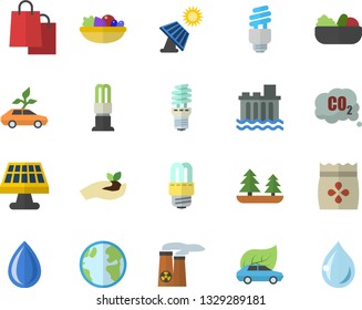 Color flat icon set energy saving lamp flat vector, salad, seeds, seedlings, solar battery, earth, forest, hydroelectric power station, eco cars, carbon dioxide, bags, fector, nuclear plant, drop