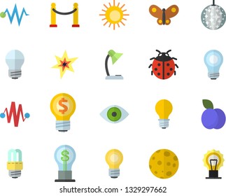 Color flat icon set energy saving lamp flat vector, plum, ladybird, butterflies, idea, eye, reading, moon, bulb, spark, electric discharge fector, VIP area, sun, disco ball