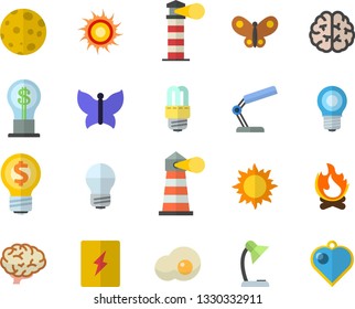 Color flat icon set energy saving lamp flat vector, switch box, scrambled eggs, sun, butterflies, bonfire, lighthouse, idea, reading, moon, brain, fector, heart pendant