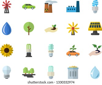 Color flat icon set energy saving lamp flat vector, windmill, tree, flower, seedlings, solar battery, forest, manufactory, eco cars, electric, fector, nuclear power plant, trash can, drop
