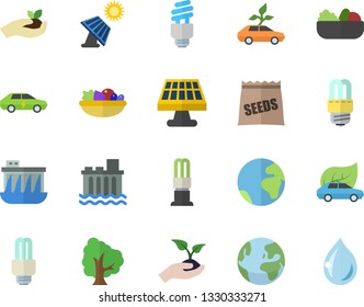 Color flat icon set energy saving lamp flat vector, salad, seeds, tree, seedlings, solar battery, hydroelectric power station, eco cars, electric, fector, earth, drop