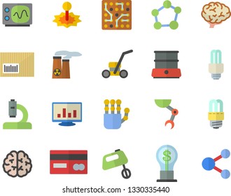 Color flat icon set energy saving lamp flat vector, mixer, double boiler, lawn mower, laser, credit card, idea, barcode, microscope, computer chart, molecule, robot hand, fector, nuclear power plant