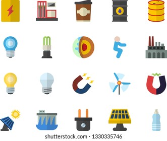Color flat icon set energy saving lamp flat vector, switch box, coffe, solar battery, gas station, oil tanks, plug socket, hydroelectric power, plant, magnet, bulb, windmill, squats, water