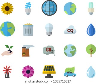 Color flat icon set energy saving lamp flat vector, windmill, tree, flower, seedlings, solar battery, eco cars, carbon dioxide, earth, fector, nuclear power plant, trash can, drop