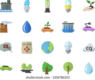 Color flat icon set energy saving lamp flat vector, seeds, tree, seedlings, forest, hydroelectric power station, eco cars, electric, carbon dioxide, fector, nuclear plant, earth, drop