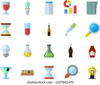 Color flat icon set energy saving lamp flat vector, meashuring cup, spice, glass jar, ketchup, sauce, lemonade, wine, cocktail, chemistry, magnifier, statistics, pipette, blood test, hourglass