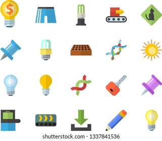 Color flat icon set energy saving lamp flat vector, brick, conveyor, idea, DNA, drawing pin, pencil, bulb, athletic shorts, baggage claim fector, sun, pets allowed, download, key