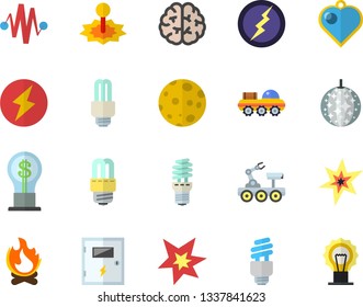 Color flat icon set energy saving lamp flat vector, switch box, bonfire, laser, idea, moon, fector, spark, lightning, lunar rover, brain, electric discharge, disco ball, heart pendant