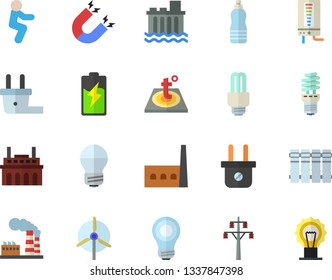 Color flat icon set energy saving lamp flat vector, warm floor, heating batteries, boiler, battery, factory, plug socket, power line support, hydroelectric station, manufactory, plant, bulb, fector