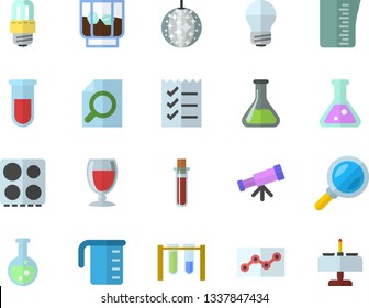 Color flat icon set energy saving lamp flat vector, meashuring cup, electric stove, wine, whiskey, chemistry, magnifier, blood test, point diagram, to do list, flask, beakers, telescope