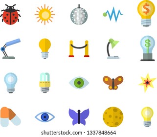 Color flat icon set energy saving lamp flat vector, ladybird, butterflies, idea, eye, reading, moon, bulb, spark, electric discharge fector, pills, VIP area, sun, disco ball