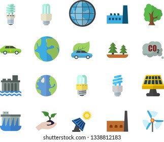 Color flat icon set energy saving lamp flat vector, tree, seedlings, solar battery, earth, forest, hydroelectric power station, manufactory, eco cars, electric, carbon dioxide, fector, windmill