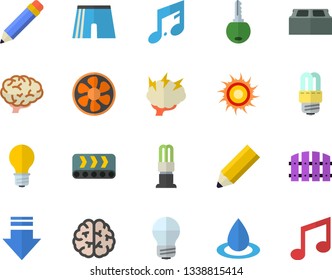 Color flat icon set energy saving lamp flat vector, brick, fence, ventilation, conveyor, drop, pencil, brainstorm, brain, athletic shorts, sun fector, download, key, note