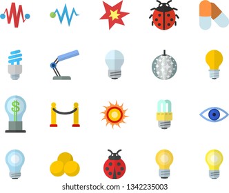 Color flat icon set energy saving lamp flat vector, ladybird, idea, eye, reading, bulb, fector, spark, electric discharge, pills, VIP area, sun, disco ball
