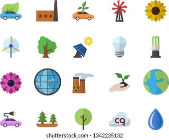 Color flat icon set energy saving lamp flat vector, windmill, tree, flower, seedlings, solar battery, forest, manufactory, eco cars, electric, carbon dioxide, earth, nuclear power plant, drop