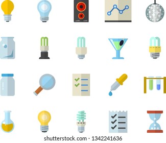 Color flat icon set energy saving lamp flat vector, induction cooker, glass jar, cocktail, bottles, pipette, medical analysis, point diagram, to do list, bulb, fector, magnifier, beakers, disco ball