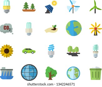 Color flat icon set energy saving lamp flat vector, tree, flower, seedlings, solar battery, windmill, earth, forest, hydroelectric power station, electric cars, carbon dioxide, fector, trash can