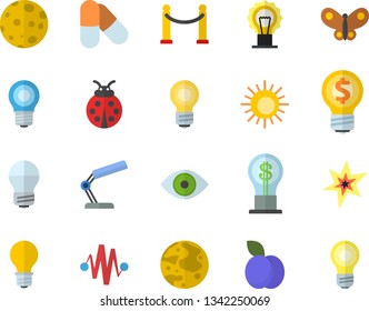 Color flat icon set energy saving lamp flat vector, plum, ladybird, butterflies, idea, eye, reading, moon, bulb, spark, electric discharge fector, pills, VIP area, sun