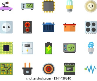 Color flat icon set energy saving lamp flat vector, switch box, electric stove, induction cooker, battery, accumulator, socket, plug, cars, fector, cpu, oscilloscope, electronic circuit, discharge