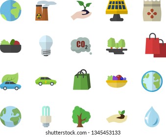 Color flat icon set energy saving lamp flat vector, salad, seeds, tree, seedlings, solar battery, earth, forest, eco cars, electric, carbon dioxide, bags,  , nuclear power plant, drop