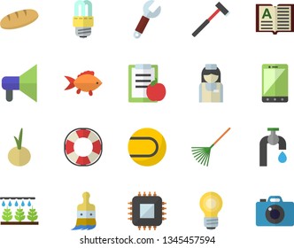 Color flat icon set energy saving lamp flat vector, ax, fish, bread, onion, sprinkling machine, paint brush, rake, water tap, motherboard, wrench, nurse, bulb, diet, tennis ball, lifebuoy  