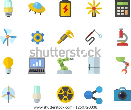 Color flat icon set energy saving lamp flat vector, fridge, battery, trammel, windmill, radiation, welding, cogwheel, molecules, calculator, microscope, robot hand, fector, computer, industrial, ufo