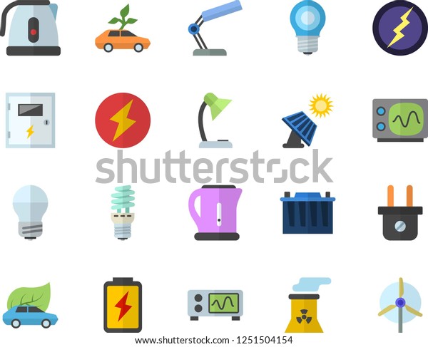 Color flat icon set energy saving lamp flat\
vector, switch box, electric kettle, battery, solar, accumulator,\
plug socket, eco cars, reading, nuclear power plant, oscilloscope,\
lightning, windmill