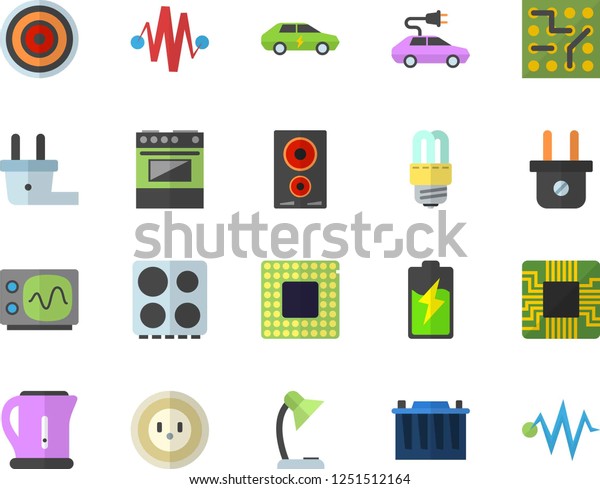 Color flat icon set energy saving lamp flat\
vector, electric kettle, stove, induction cooker, battery,\
accumulator, socket, plug, cars, motherboard, reading, cpu,\
oscilloscope, electronic\
circuit