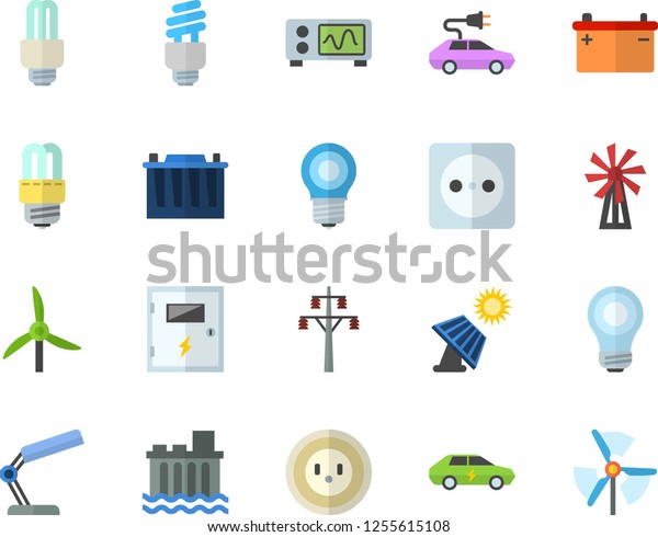 Color flat icon set energy saving lamp flat\
vector, switch box, windmill, solar battery, accumulator, socket,\
power line support, hydroelectric station, electric cars, reading,\
bulb, fector