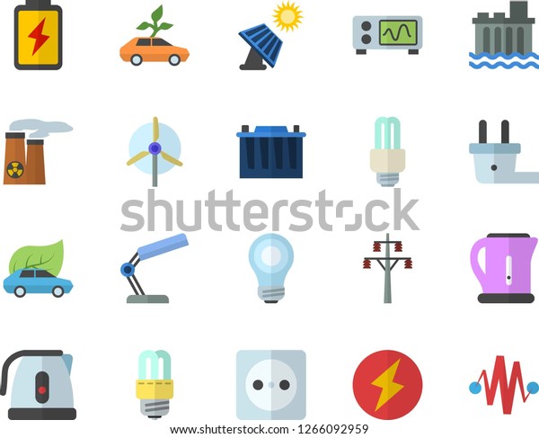 Color flat icon set energy saving lamp flat\
vector, electric kettle, battery, solar, accumulator, socket, plug,\
power line support, hydroelectric station, eco cars, reading, bulb,\
fector, lightning