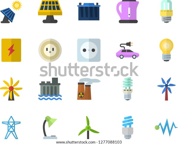 Color flat icon set energy saving lamp flat\
vector, switch box, electric kettle, windmill, solar battery,\
accumulator, socket, power line support, hydroelectric station,\
cars, reading, bulb,\
fector
