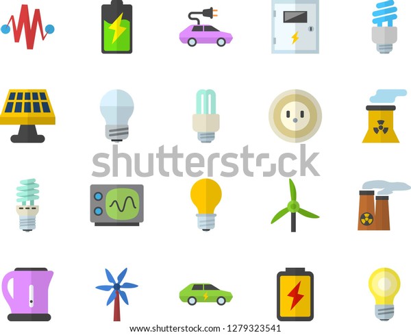 Color flat icon set\
energy saving lamp flat vector, switch box, electric kettle,\
windmill, battery, solar, socket, cars, fector, nuclear power\
plant, oscilloscope,\
discharge
