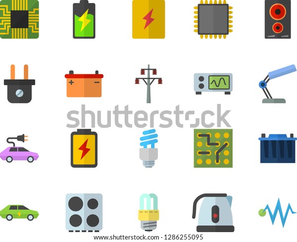 Color flat icon set energy saving lamp flat
vector, switch box, electric kettle, stove, induction cooker,
battery, accumulator, plug socket, power line support, cars,
motherboard, reading,
fector