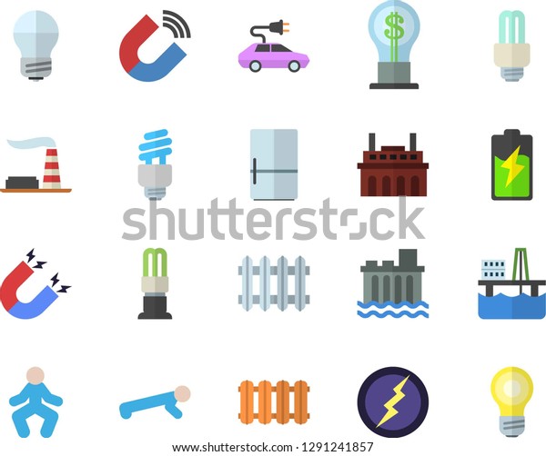 Color flat icon set energy saving lamp flat vector,\
heating batteries, fridge, oil production platform, battery,\
factory, hydroelectric power station, plant, electric cars, magnet,\
radiator, idea