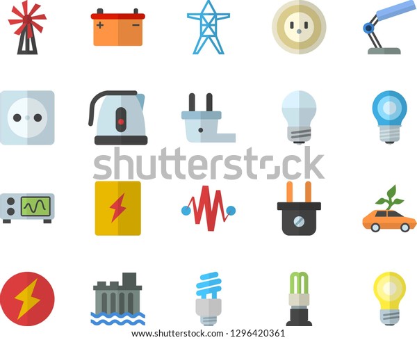 Color flat icon set energy saving lamp flat\
vector, switch box, electric kettle, windmill, accumulator, socket,\
plug, power line support, hydroelectric station, eco cars, reading,\
fector, lightning