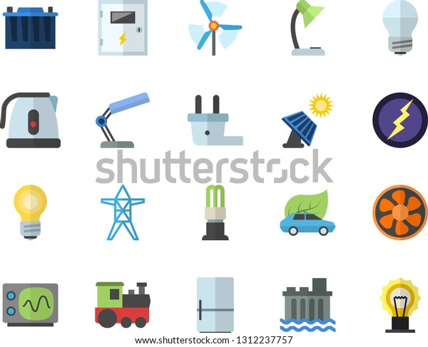 Color flat icon set energy saving lamp flat vector,
switch box, electric kettle, fridge, ventilation, solar battery,
accumulator, plug socket, power line support, hydroelectric
station, eco cars