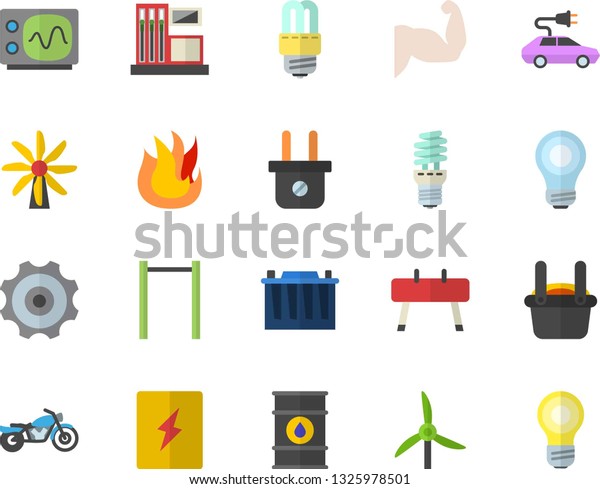 Color flat icon set energy saving lamp flat
vector, switch box, fire, windmill, gas station, oil tanks,
accumulator, plug socket, electric cars, metallurgy, bulb,
oscilloscope, cogwheel,
muscles