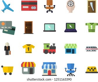 Color flat icon set Entrance door flat vector, store front, grocery trolley, credit card, office chair, laptop, businessman, brain fector, sport T shirt, aircraft, train, shop, taxi