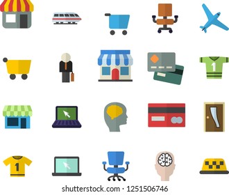 Color flat icon set Entrance door flat vector, store front, grocery trolley, credit card, office chair, laptop, businessman, brain vector, sport T shirt, aircraft, train, shop, taxi