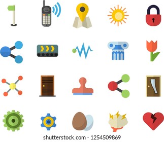 Color flat icon set Entrance door flat vector, egg, tulip, conveyor, location, cogwheel, molecules, phone call, molecule, brainstorm, electric discharge fector, sports flag, antique column, sun
