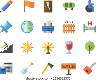 Color flat icon set Entrance door flat vector, calculator, ax, wine, tree, shovel, sun, windmill, earth, mining, radiator, flag, sell out, disabled, hospital bed, printer, pencil, skateboard, key