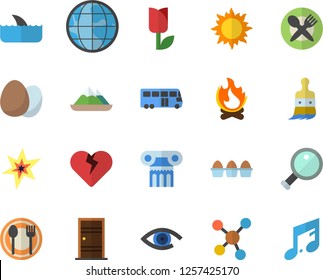 Color flat icon set Entrance door flat vector, egg, table setting, paint brush, tulip, sun, bonfire, earth, molecules, spark, magnifier, bus fector, antique column, shark, mountains, heart, eye