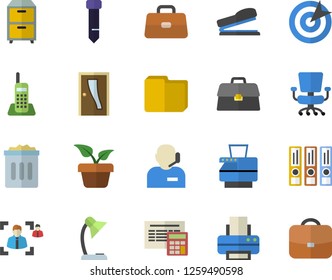 Color flat icon set Entrance door flat vector, calculator, home plant, briefcase, computer file, recruitment, telephone, office chair, phone operator, reading lamp, target, printer, tie, archive