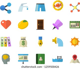 Color flat icon set Entrance door flat vector, faucet, lemon, hose irrigation, sun, molecules, wealth, sell out, heart, calendar, ink pen, folder, molecule, presentaition board, brain fector, pool