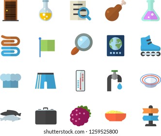 Color flat icon set Entrance door flat vector, cook hat, towel, dish, porridge, chicken, fish, blackberry, thermometer, water tap, chemistry, case, magnifier, flag, flask, athletic shorts, pointer